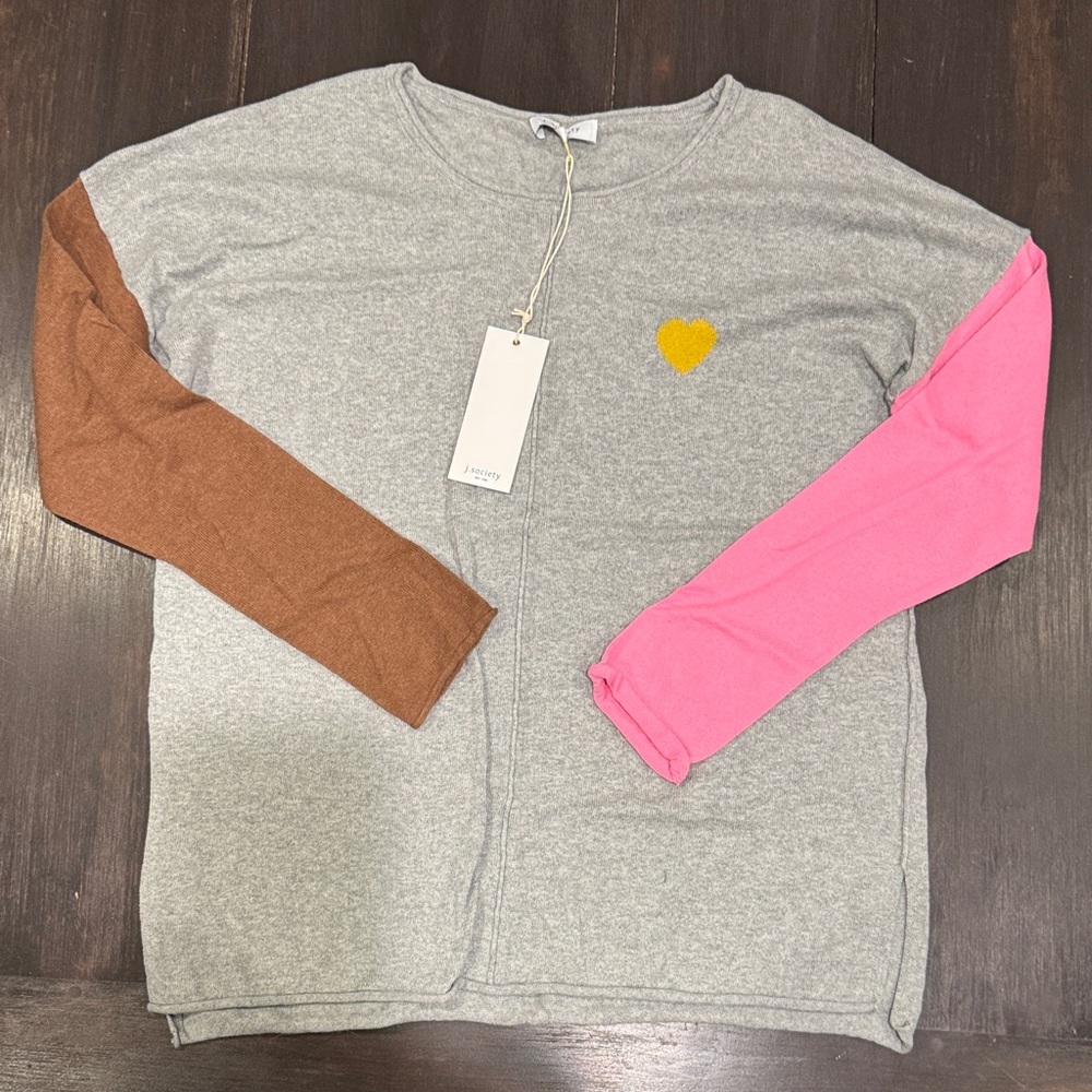 Society Gray Sweater with Pink and Brown Sleeves
